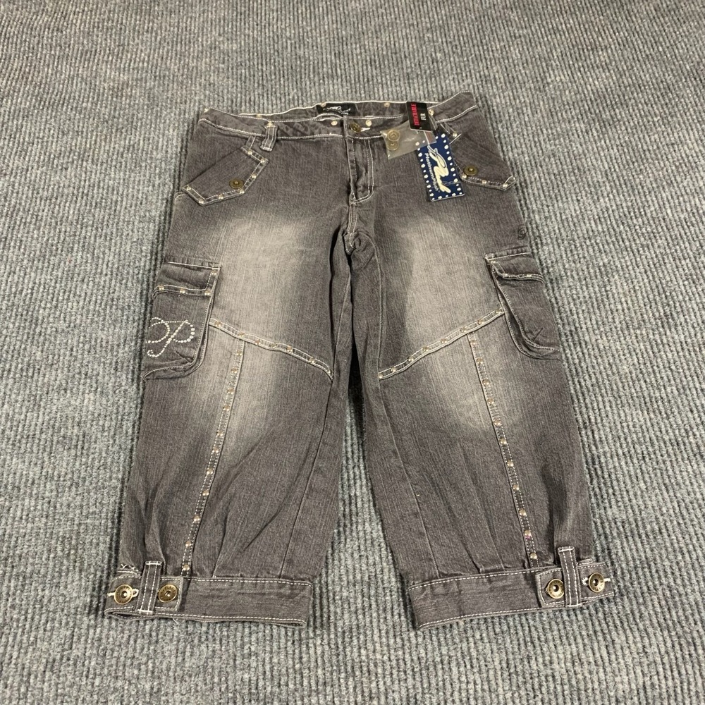 Platinum Plush‎ Jeans Womens 11 Gray Denim Studded Y2K Capri Cargo Pockets 32x19